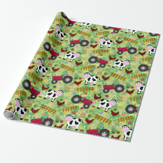 Papier Cadeau Vache de chantier agricole et tracteur rouge