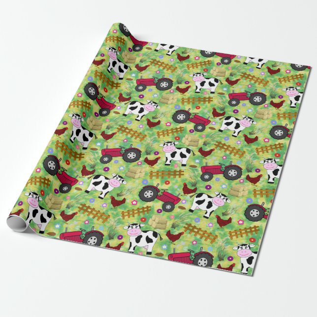 Papier Cadeau Vache de chantier agricole et tracteur rouge (Déroulé)