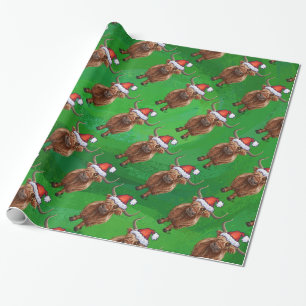 Papier Cadeau Vache Highland à Santa Hat Motif sur vert
