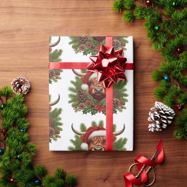 Papier Cadeau Vache Highland portant le chapeau du Père Noël (Cadeau de vacances)