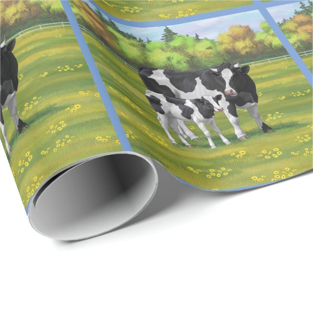 Papier Cadeau Vache Holstein et veau mignon en pâturage d'été (Coin rond)