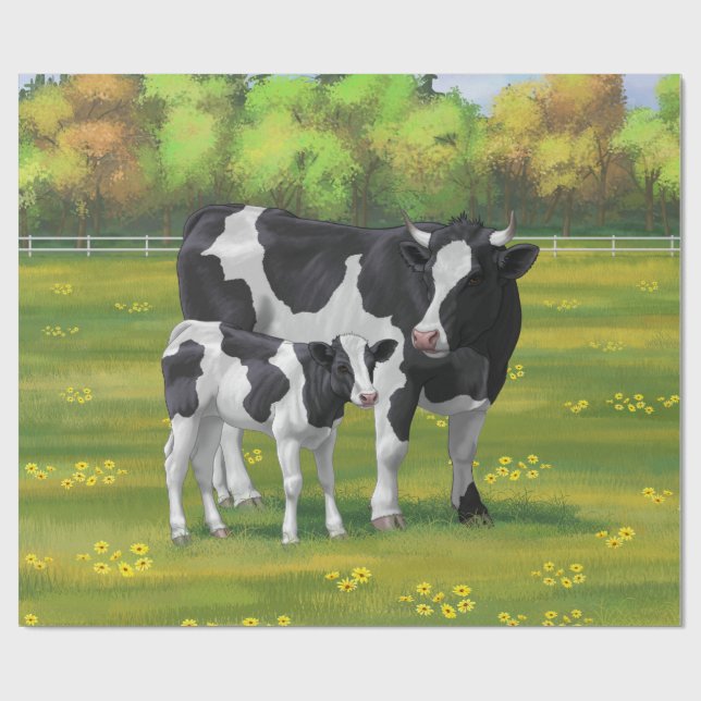 Papier Cadeau Vache Holstein et veau mignon en pâturage d'été (Plat)