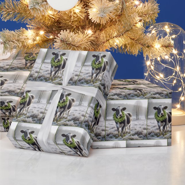 Papier Cadeau Vache Holstein portant une couronne de Noël (Vacances)