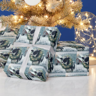 Papier Cadeau Vache Holstein portant une couronne de Noël brilla