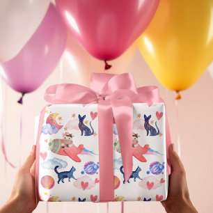 Papier Cadeau Vache mignonne dans l'avion, Espace, Chats, Lune,