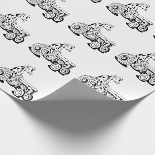 Papier Cadeau Vache noire et blanche conduisant un tracteur