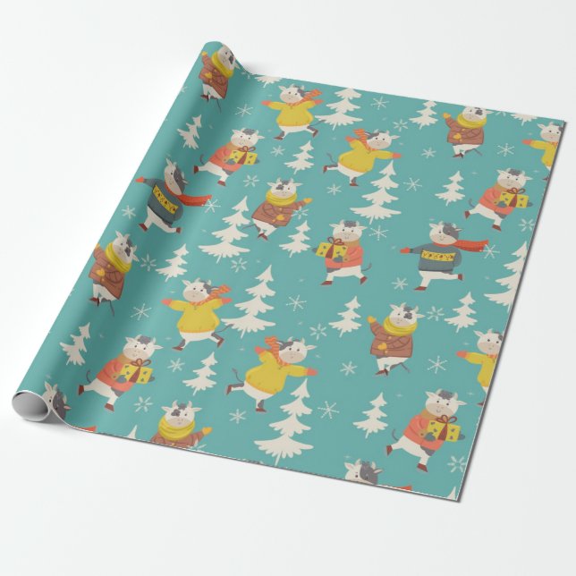 Papier Cadeau Vaches de patinage sur glace Motif de Noël (Déroulé)
