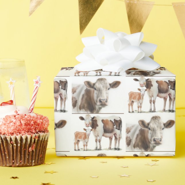 Papier Cadeau Vaches et veaux aquarelles (Fête d'anniversaire)