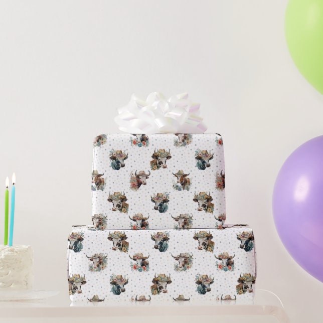 Papier Cadeau Vaches florales mignonnes portant une ferme Motif  (Cadeaux de fête)