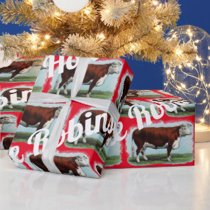 Papier Cadeau Vaches Hereford vintages en rouge