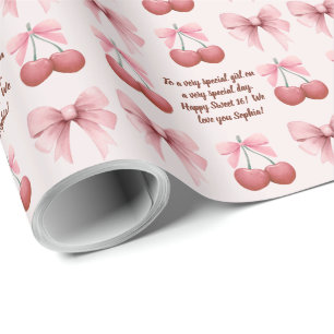 Papier Cadeau Vaches roses et cerises Coquette Nom Anniversaire 