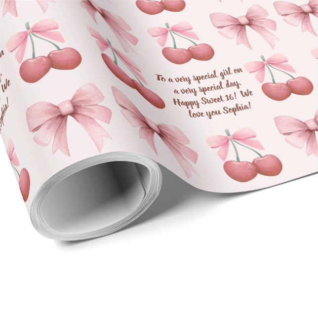 Papier Cadeau Vaches roses et cerises Coquette Nom Anniversaire  (Coin rond)