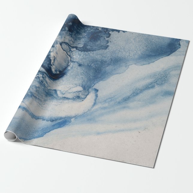 Papier Cadeau Vagues bleues Abstraites ou nuages sur la crème (Déroulé)