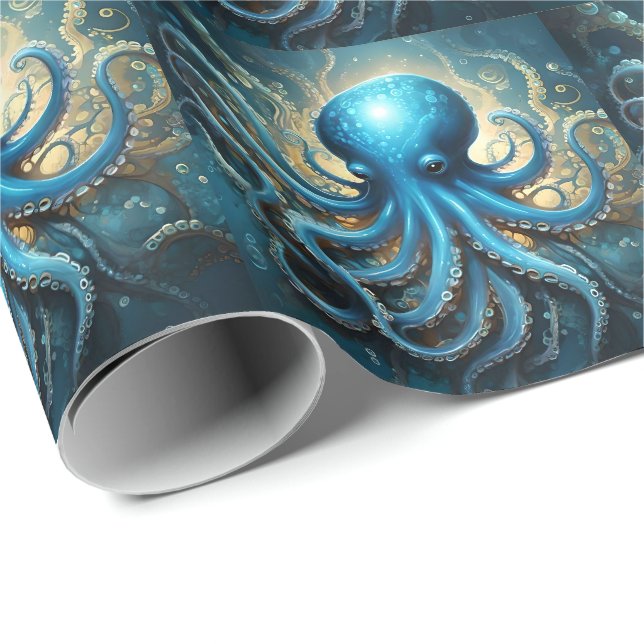 Papier Cadeau Vagues célestes : L'Art Fractal Bleu Octopus (Coin rond)