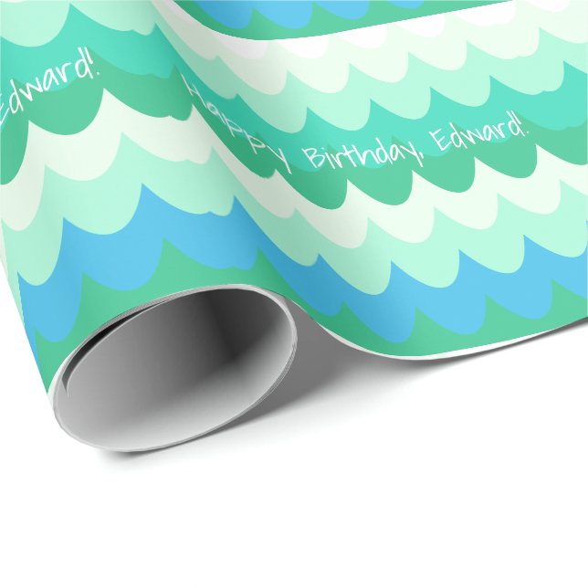 Papier Cadeau Vagues géométriques bleues, vertes et Turquoises  (Coin rond)