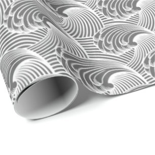 Papier Cadeau Vagues japonaises, gris vintage/gris et blanc