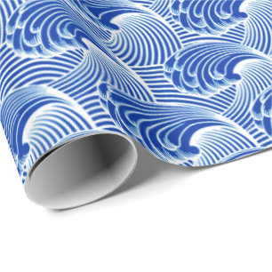 Papier Cadeau Vagues japonaises vintages, bleu de cobalt et