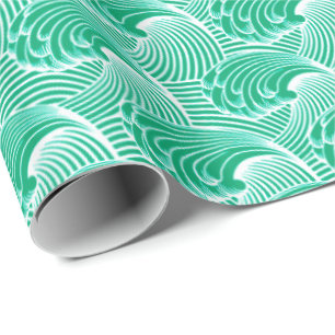 Papier Cadeau Vagues japonaises vintages, vert de jade et blanc