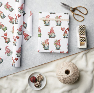 Papier Cadeau Valentine Gnomes sur blanc