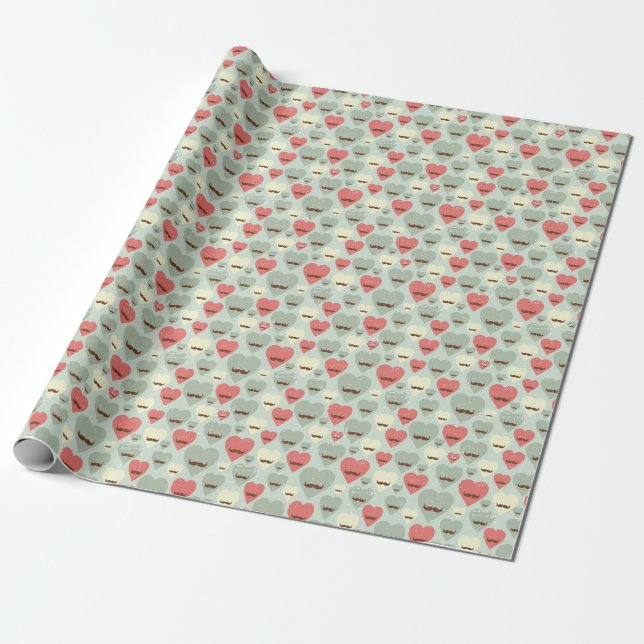 Papier Cadeau Valentine motif avec coeur et moustache (Déroulé)