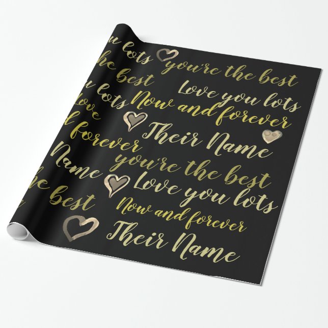 Papier Cadeau VALENTINE personnalisée - Mots d'amour Black Gold (Déroulé)