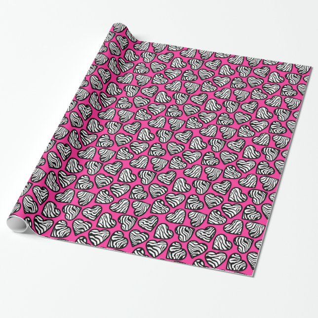 Papier Cadeau Valentine rose noir et blanc Zèbre coeur motif (Déroulé)