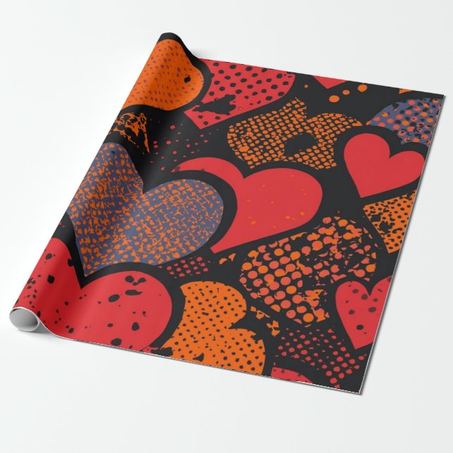 Papier Cadeau Valentine’s Day Heart Pattern – Retro Pop Art (Déroulé)