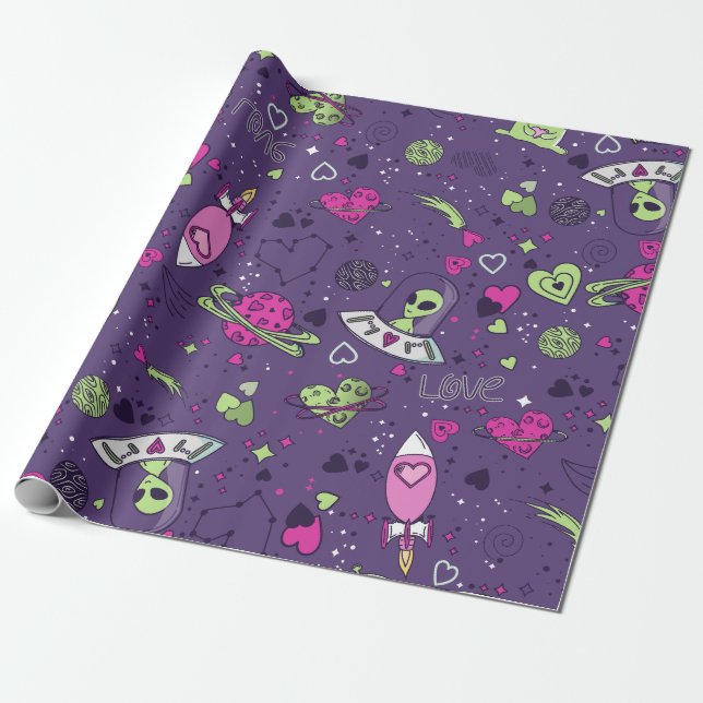 Papier Cadeau valentines alien aime ufvaisseau spatial violet (Déroulé)