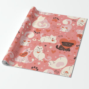 Papier Cadeau valentines chat coeur mignonnes pattes whimsical a