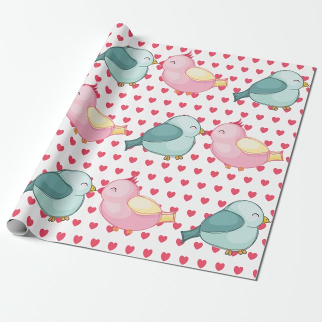Papier Cadeau Valentines coeur rouge sur blanc avec de mignons I (Déroulé)