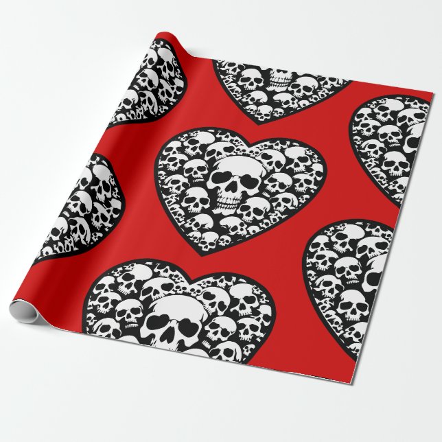 Papier Cadeau valentines gothiques crâne de coeur noir (Déroulé)