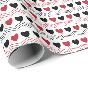 Papier Cadeau Valentines Jour Noir Rouge Coeur Chevron Bande