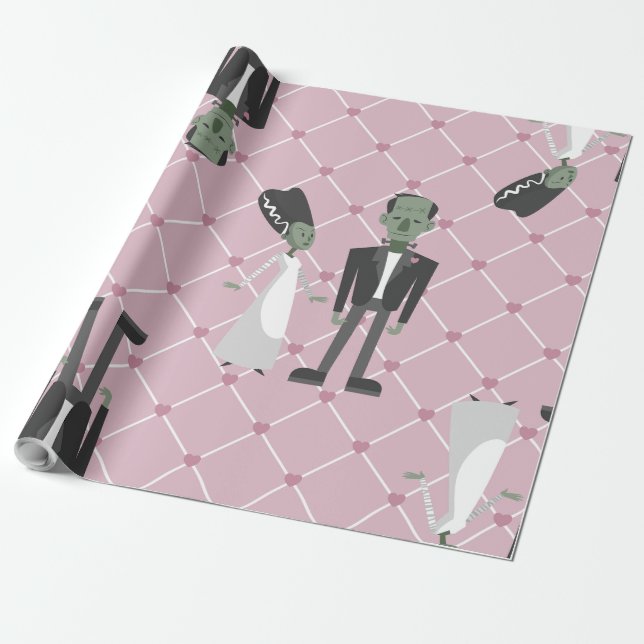 Papier Cadeau valentines mariée frankenstein monster coeurs rose (Déroulé)