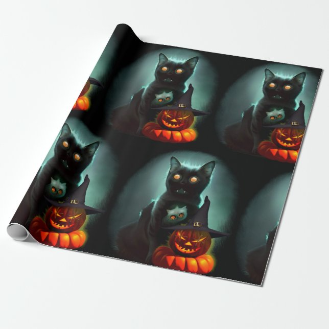 Papier Cadeau Vampire Chat et Assistant Citrouille Halloween Sur (Déroulé)