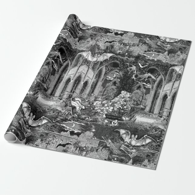 Papier Cadeau Vampire's Crypt Graves Skulls Bats Gothic Church (Déroulé)