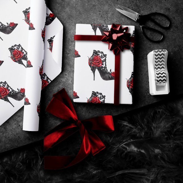 Papier Cadeau Vampy Vogue | Stiletto Lace Bootie et Red Roses (Créateur téléchargé)