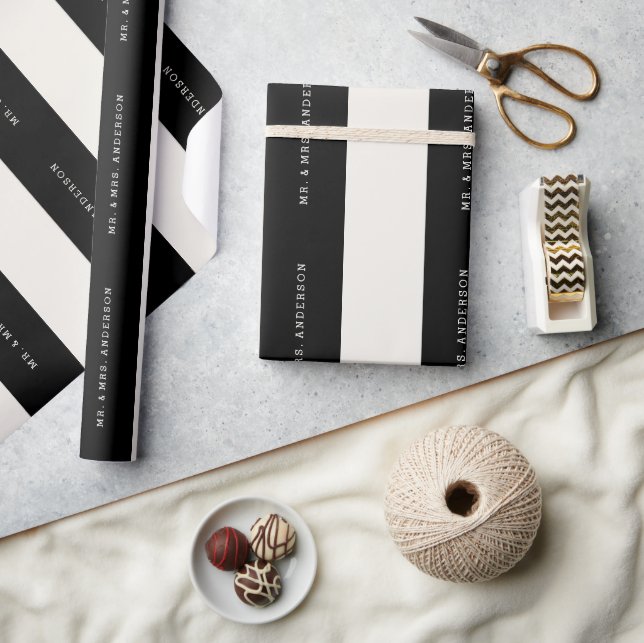 Papier Cadeau Vanille & Black Preppy Stripes Nom personnalisé Ma (Artisanat)