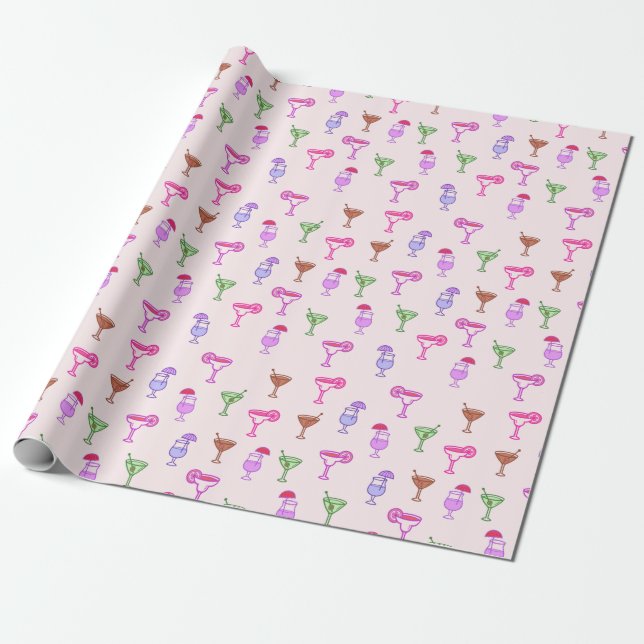 Papier Cadeau variété de cocktails sur papier d'emballage rose (Déroulé)