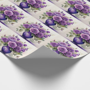 Papier Cadeau Vase de Roses pourpres avec papillons Botanique
