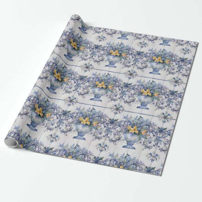 Papier Cadeau Vase découpé avec fleurs bleues et blanches en car (Déroulé)