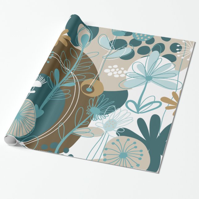 Papier Cadeau Vecteur floral rétro mignon, Aqua Brown Turquoise (Déroulé)