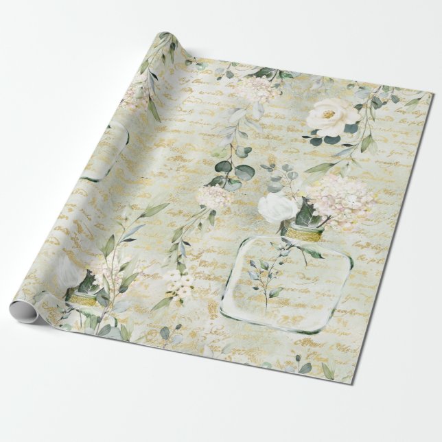 Papier Cadeau Végétation blanche romantique et florale botanique (Déroulé)