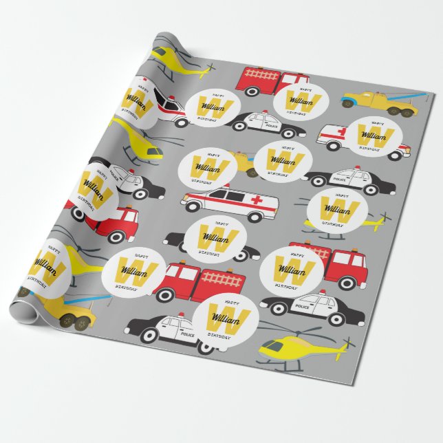 Papier Cadeau Véhicules d'urgence Transport Nom de l'anniversair (Déroulé)