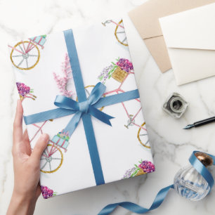 Papier Cadeau Vélo à l'aquarelle livrant gâteau et fleurs
