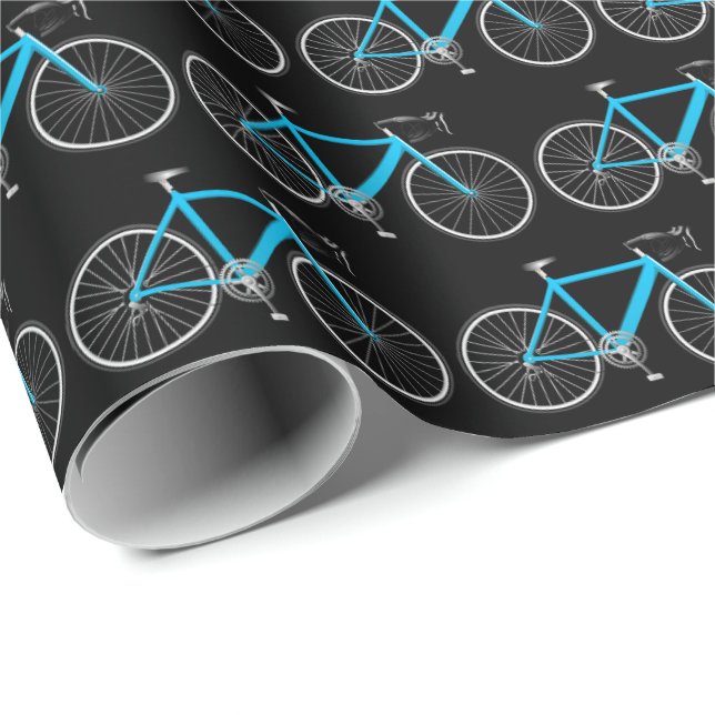 Papier Cadeau vélo aqua sur papier d'emballage noir (Coin rond)
