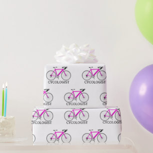 Papier Cadeau Vélo rose avec texte Cycologiste en blanc