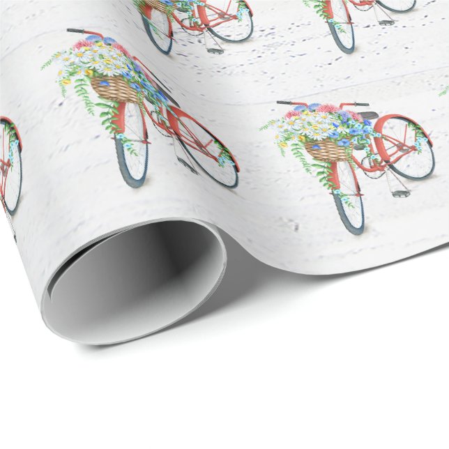 Papier Cadeau Vélo rouge avec panier à fleurs (Coin rond)