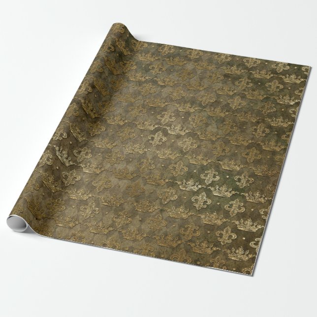 Papier Cadeau Velvet Grungy Royal Depp Vert Couronne Dorée (Déroulé)