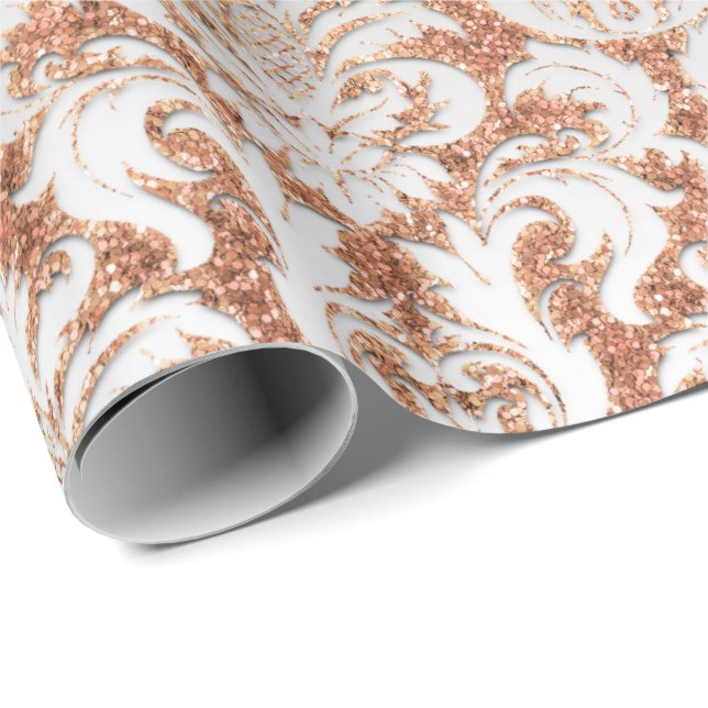 Papier Cadeau Velvet Peach Rose or Argent Argent Damask Élégant (Coin rond)
