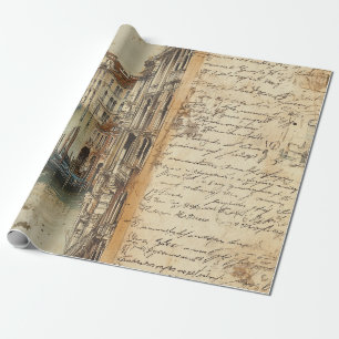 Papier Cadeau Venise vintage canal avec écriture manuscrite